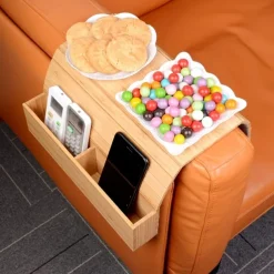 Foldable Vintage Bamboo Sofa Armrest Table with Cup Holder - No Assembly Required, Hand Wash Only, Natural Wood & Black Finish, Hardwood & Bamboo Construction for Living Room, Dining, Relaxation