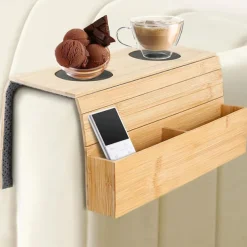 Foldable Vintage Bamboo Sofa Armrest Table with Cup Holder - No Assembly Required, Hand Wash Only, Natural Wood & Black Finish, Hardwood & Bamboo Construction for Living Room, Dining, Relaxation