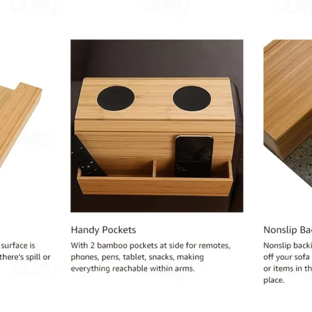 Foldable Vintage Bamboo Sofa Armrest Table with Cup Holder - No Assembly Required, Hand Wash Only, Natural Wood & Black Finish, Hardwood & Bamboo Construction for Living Room, Dining, Relaxation