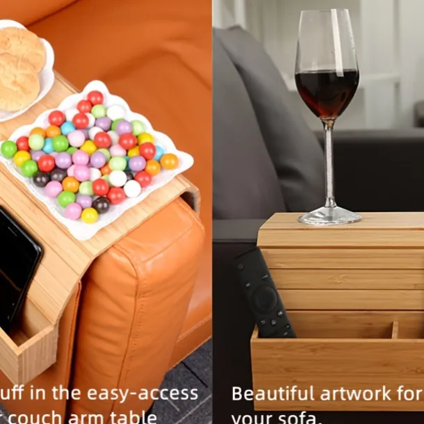 Foldable Vintage Bamboo Sofa Armrest Table with Cup Holder - No Assembly Required, Hand Wash Only, Natural Wood & Black Finish, Hardwood & Bamboo Construction for Living Room, Dining, Relaxation