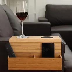 Foldable Vintage Bamboo Sofa Armrest Table with Cup Holder - No Assembly Required, Hand Wash Only, Natural Wood & Black Finish, Hardwood & Bamboo Construction for Living Room, Dining, Relaxation