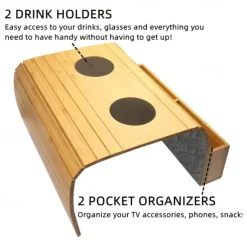 Foldable Vintage Bamboo Sofa Armrest Table with Cup Holder - No Assembly Required, Hand Wash Only, Natural Wood & Black Finish, Hardwood & Bamboo Construction for Living Room, Dining, Relaxation