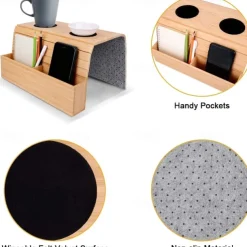 Foldable Vintage Bamboo Sofa Armrest Table with Cup Holder - No Assembly Required, Hand Wash Only, Natural Wood & Black Finish, Hardwood & Bamboo Construction for Living Room, Dining, Relaxation