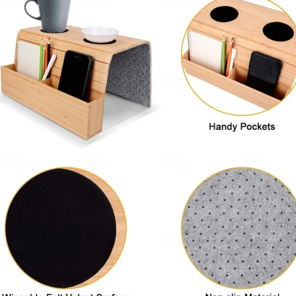 Foldable Vintage Bamboo Sofa Armrest Table with Cup Holder - No Assembly Required, Hand Wash Only, Natural Wood & Black Finish, Hardwood & Bamboo Construction for Living Room, Dining, Relaxation