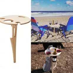 Folding Outdoor Wine Table for Planter Pot Beach and Lawn Wine Holder, Travel Camping Outdoor Table, Wooden Cross Design, Suitable for Courtyard Furniture