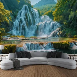 Forest Cascade Landscape Hanging Tapestry Wall Art Large Tapestry Mural Decor Photograph Backdrop Blanket Curtain Home Bedroom Living Room Decoration