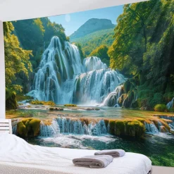 Forest Cascade Landscape Hanging Tapestry Wall Art Large Tapestry Mural Decor Photograph Backdrop Blanket Curtain Home Bedroom Living Room Decoration