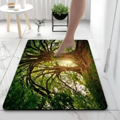 Forest Diatomaceous Earth Bath Mat Soft Mat Rubber Anti-Slip Fast Dry Super Absorbent Thin Bathroom Mat for Under Door - Bathroom Floor Mat Rug Bathtub Front Shower Mat Sink