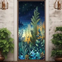 Forest Flowers Door Decorations Door Covers Door Tapestry Door Curtain Decoration Backdrop Indoor/Outdoor Door Banner for Front Door Farmhouse