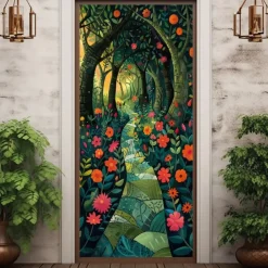 Forest Flowers Door Decorations Door Covers Door Tapestry Door Curtain Decoration Backdrop Indoor/Outdoor Door Banner for Front Door Farmhouse