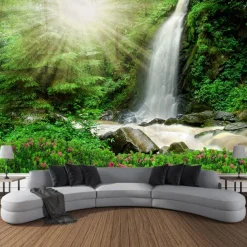 Forest Landscape Waterfall Hanging Tapestry Wall Art Large Tapestry Mural Decor Photograph Backdrop Blanket Curtain Home Bedroom Living Room Decoration