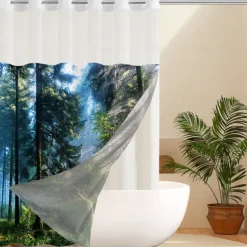 Forest Waffle-Weave Textured Shower Curtain Set with Snap-in Liner and Sheer Window Water-Repellent Polyester, Grommet Top, 120GSM Hotel Quality Spa Style Bathroom Partition No Hooks Required