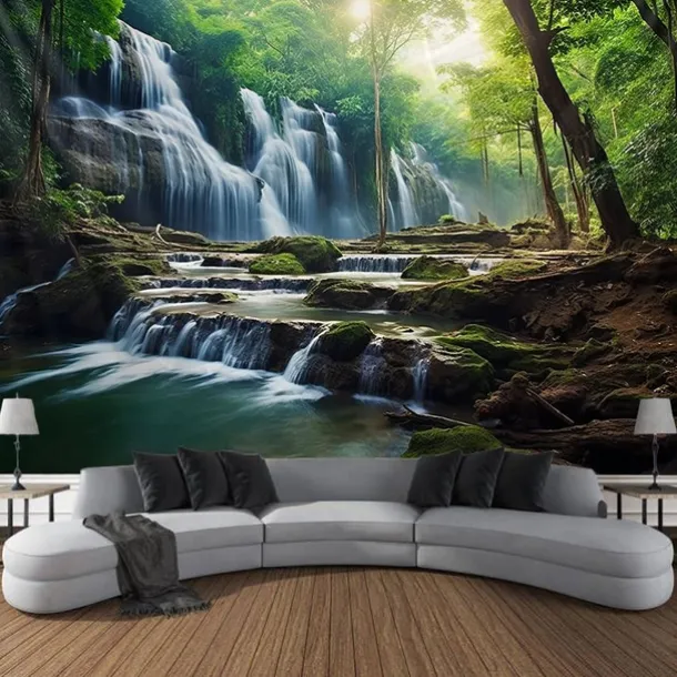 Forest Waterfall Hanging Tapestry Wall Art Large Tapestry Mural Decor Photograph Backdrop Blanket Curtain Home Bedroom Living Room Decoration