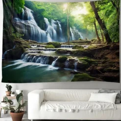 Forest Waterfall Hanging Tapestry Wall Art Large Tapestry Mural Decor Photograph Backdrop Blanket Curtain Home Bedroom Living Room Decoration