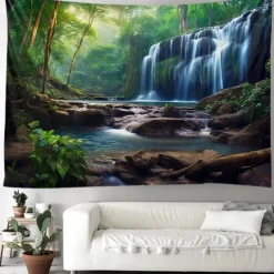 Forest Waterfall Hanging Tapestry Wall Art Large Tapestry Mural Decor Photograph Backdrop Blanket Curtain Home Bedroom Living Room Decoration