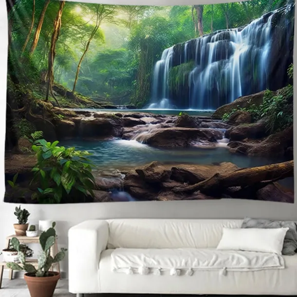 Forest Waterfall Hanging Tapestry Wall Art Large Tapestry Mural Decor Photograph Backdrop Blanket Curtain Home Bedroom Living Room Decoration