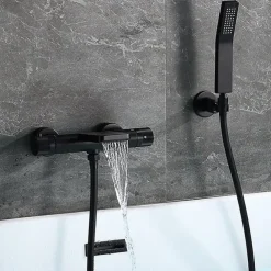 Free Standing Bathtub Faucet Thermostatic Black Painted Finishes Rotatable Shower Seat Waterfall and Spray Mode Bath Shower Mixer Taps with Hot and Cold Water
