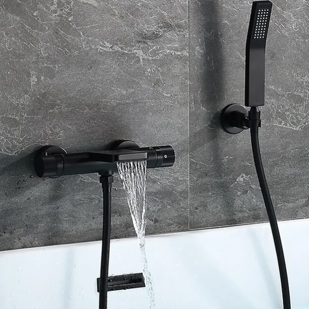 Free Standing Bathtub Faucet Thermostatic Black Painted Finishes Rotatable Shower Seat Waterfall and Spray Mode Bath Shower Mixer Taps with Hot and Cold Water