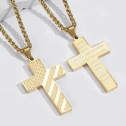 Freedom Cross Pendant, Easter Gift for Him Stainless Steel American Flag Necklace, Engraved Inspirational Quote, Patriotic Christian Jewelry, 24" Wheat Chain, Gift for Men