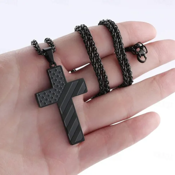 Freedom Cross Pendant, Easter Gift for Him Stainless Steel American Flag Necklace, Engraved Inspirational Quote, Patriotic Christian Jewelry, 24" Wheat Chain, Gift for Men