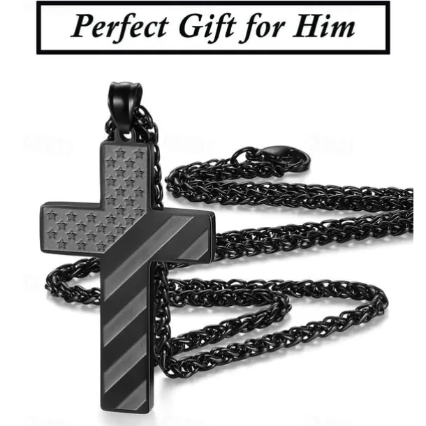 Freedom Cross Pendant, Easter Gift for Him Stainless Steel American Flag Necklace, Engraved Inspirational Quote, Patriotic Christian Jewelry, 24" Wheat Chain, Gift for Men