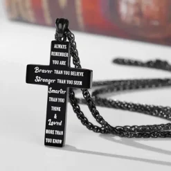 Freedom Cross Pendant, Easter Gift for Him Stainless Steel American Flag Necklace, Engraved Inspirational Quote, Patriotic Christian Jewelry, 24