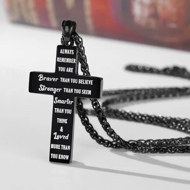 Freedom Cross Pendant, Easter Gift for Him Stainless Steel American Flag Necklace, Engraved Inspirational Quote, Patriotic Christian Jewelry, 24" Wheat Chain, Gift for Men