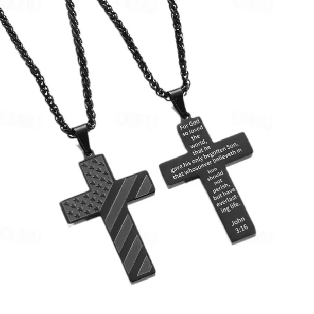 Freedom Cross Pendant, Easter Gift for Him Stainless Steel American Flag Necklace, Engraved Inspirational Quote, Patriotic Christian Jewelry, 24" Wheat Chain, Gift for Men