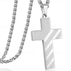 Freedom Cross Pendant, Easter Gift for Him Stainless Steel American Flag Necklace, Engraved Inspirational Quote, Patriotic Christian Jewelry, 24