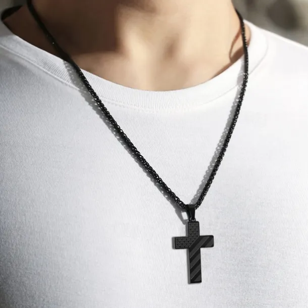 Freedom Cross Pendant, Easter Gift for Him Stainless Steel American Flag Necklace, Engraved Inspirational Quote, Patriotic Christian Jewelry, 24" Wheat Chain, Gift for Men