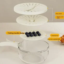 Fruit Strainer Colander Bowl Fruit Drain Basket with Lid Foldable Handle Cleaning Colander Plastic Refrigerator Crisper Kitchen Box Food Storage Container for Fridge Outdoor Picnic Pasta Salad Berry