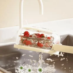 Fruit Strainer Colander Bowl Fruit Drain Basket with Lid Foldable Handle Cleaning Colander Plastic Refrigerator Crisper Kitchen Box Food Storage Container for Fridge Outdoor Picnic Pasta Salad Berry