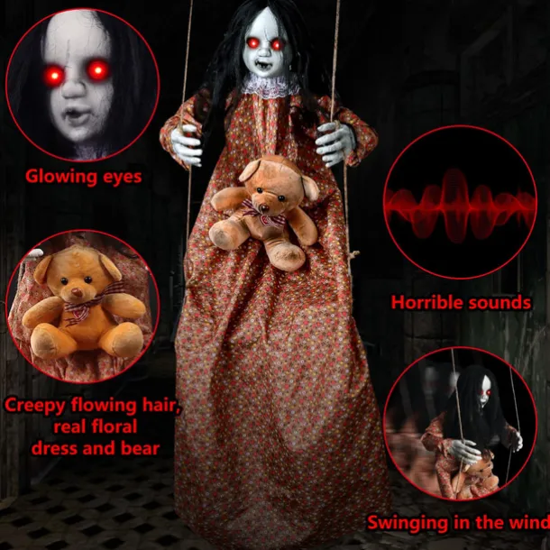 3.75ft Scary Halloween Decoration Outdoor, Halloween Hanging Swinging Girl, Sound and Touch Activated/Creepy Sounds/Light Up Eyes Scary Expression, Halloween Decoration Props, Suitable for Indoor and