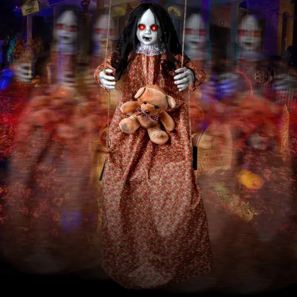 3.75ft Scary Halloween Decoration Outdoor, Halloween Hanging Swinging Girl, Sound and Touch Activated/Creepy Sounds/Light Up Eyes Scary Expression, Halloween Decoration Props, Suitable for Indoor and