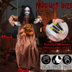 3.75ft Scary Halloween Decoration Outdoor, Halloween Hanging Swinging Girl, Sound and Touch Activated/Creepy Sounds/Light Up Eyes Scary Expression, Halloween Decoration Props, Suitable for Indoor and