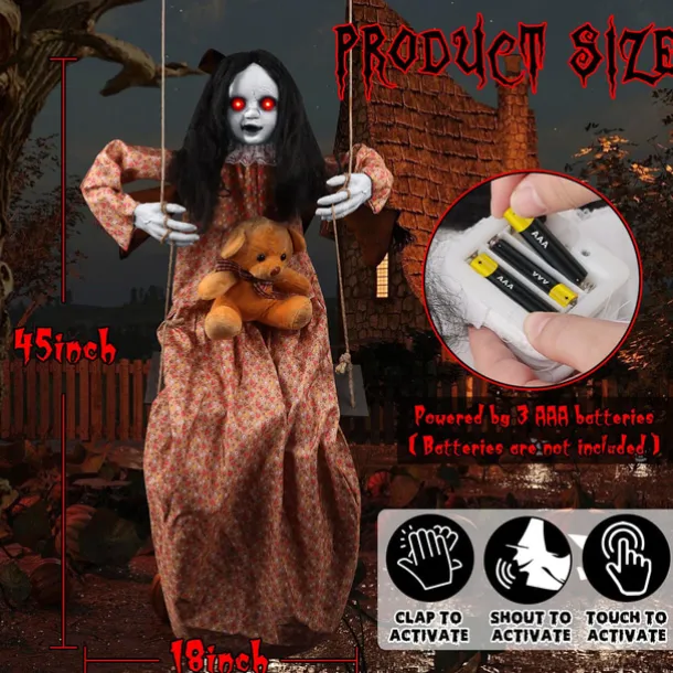 3.75ft Scary Halloween Decoration Outdoor, Halloween Hanging Swinging Girl, Sound and Touch Activated/Creepy Sounds/Light Up Eyes Scary Expression, Halloween Decoration Props, Suitable for Indoor and