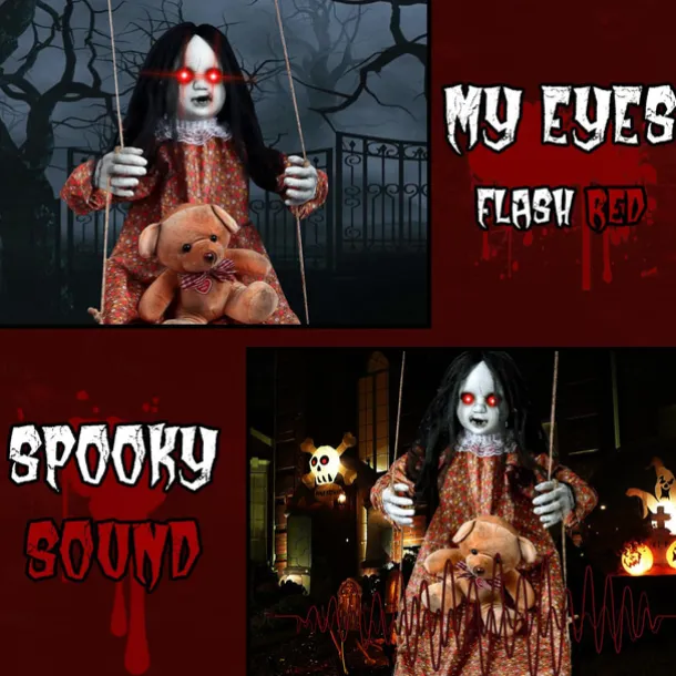 3.75ft Scary Halloween Decoration Outdoor, Halloween Hanging Swinging Girl, Sound and Touch Activated/Creepy Sounds/Light Up Eyes Scary Expression, Halloween Decoration Props, Suitable for Indoor and