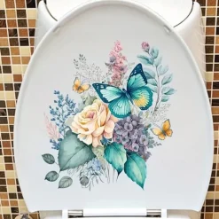 Funny Flower Butterfly Toilet Lid Decal - Waterproof Self-Adhesive Bathroom Decor Sticker Room Decor, Home Decor
