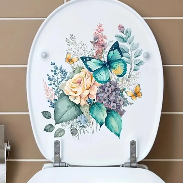 Funny Flower Butterfly Toilet Lid Decal - Waterproof Self-Adhesive Bathroom Decor Sticker Room Decor, Home Decor