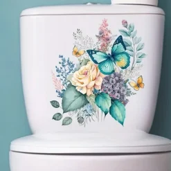 Funny Flower Butterfly Toilet Lid Decal - Waterproof Self-Adhesive Bathroom Decor Sticker Room Decor, Home Decor