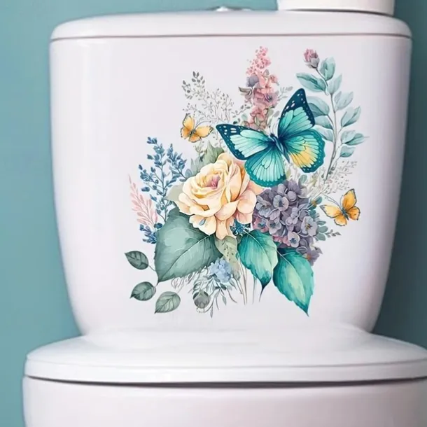 Funny Flower Butterfly Toilet Lid Decal - Waterproof Self-Adhesive Bathroom Decor Sticker Room Decor, Home Decor