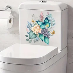 Funny Flower Butterfly Toilet Lid Decal - Waterproof Self-Adhesive Bathroom Decor Sticker Room Decor, Home Decor