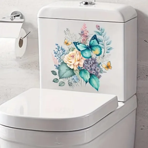 Funny Flower Butterfly Toilet Lid Decal - Waterproof Self-Adhesive Bathroom Decor Sticker Room Decor, Home Decor