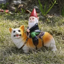 Funny Guy Garden Gnome Statue - Gnome Riding a Corgi - Indoor/Outdoor Garden Gnome Sculpture for Patio, Yard or Lawn