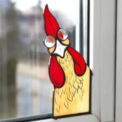 Funny Rooster Stained Glass Bird Window Corner Decor,Rooster Yard Decor,Funny Window Corner Decor-Peeping Rooster,Rooster Yard Decor,Birds Stained Glass,Handmade Peeping Rooster