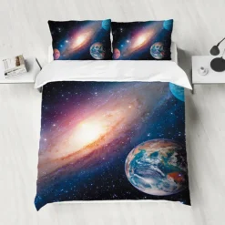 Galaxy Starry Sky Planet 3-Piece Down Duvet Cover Set for Hotel Bedroom Guest Room Guestroom Bedding Comfortable Set