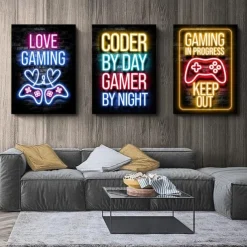 Gaming Room Decoration Poster Wall Art Video Game Canvas Painting Playroom Neon Decor Picture for Gamer Boy Bedroom Prints Decor Without Frame