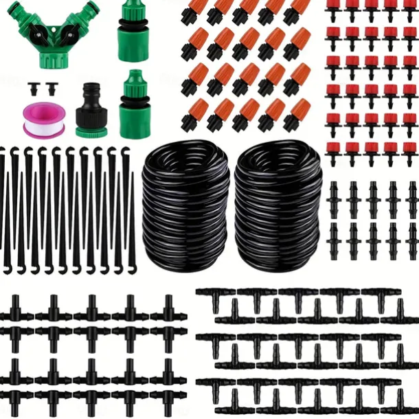 Garden Drip Irrigation Kit, Greenhouse Micro Automatic Drip Irrigation System Kit with 1/4 inch 1/2 inch Blank Distribution Tubing Hose Adjustable Patio Misting Nozzle Emitters Sprinkler