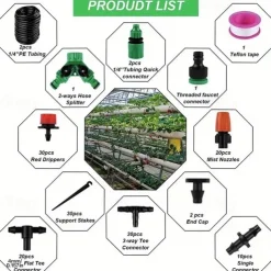 Garden Drip Irrigation Kit, Greenhouse Micro Automatic Drip Irrigation System Kit with 1/4 inch 1/2 inch Blank Distribution Tubing Hose Adjustable Patio Misting Nozzle Emitters Sprinkler