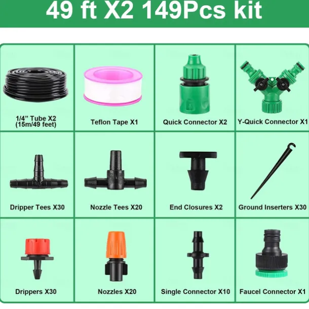 Garden Drip Irrigation Kit, Greenhouse Micro Automatic Drip Irrigation System Kit with 1/4 inch 1/2 inch Blank Distribution Tubing Hose Adjustable Patio Misting Nozzle Emitters Sprinkler